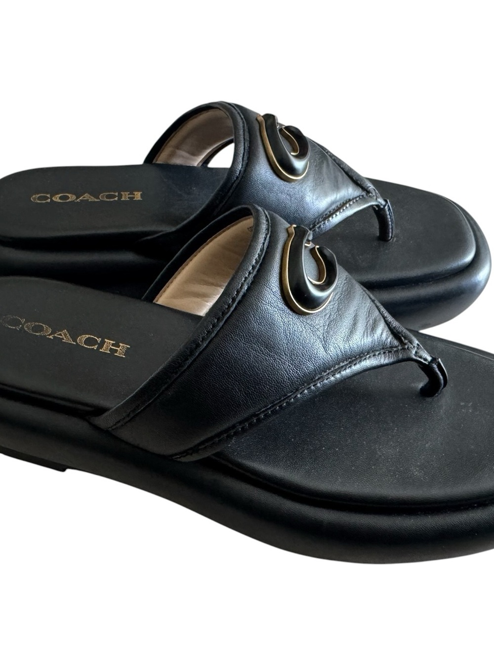 Coach Sylvie Black Leather Platform Thong Sandals with Brass 'C' Hardware - Picture 6 of 8